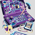 Rysunkowa grafika na szarym tle przedstawiająca konsolę Nintendo 3DS z naklejkami i innymi nawiązaniami do wydarzeń z serii GSPS.